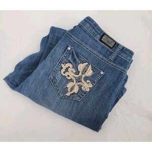 Earl Jean Stretch Bootcut Blue Jeans Rhinestone Embroidered Pockets Women's 16